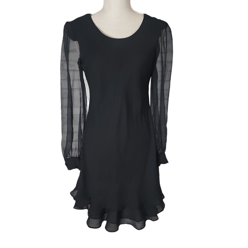 Cachet Vintage Black Mesh Sheer Balloon Sleeve Formal Mini Dress
